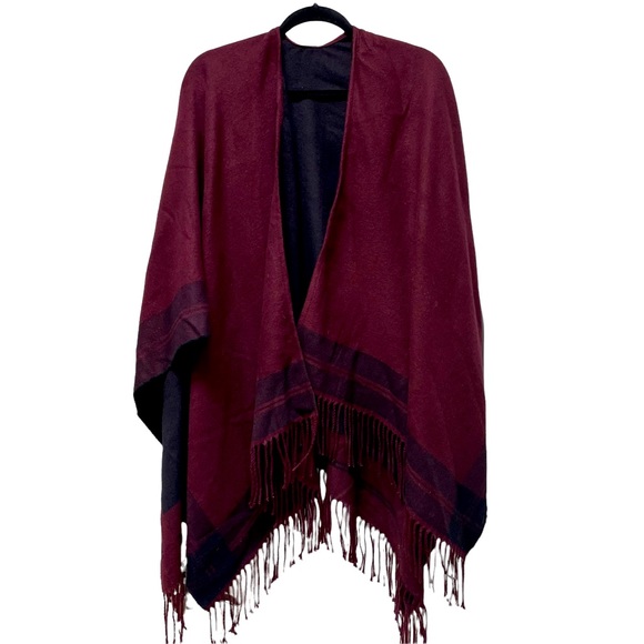 Accessories - Reversible Fringed Stripe Cape Wrap Shawl